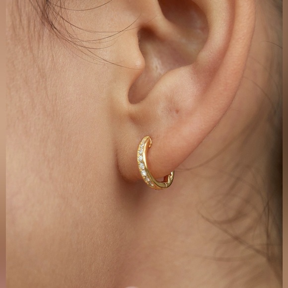 Elegant Gold Hoop Earrings, mini huggie hoops with cubic zirconia, mini hoops - Picture 3 of 5